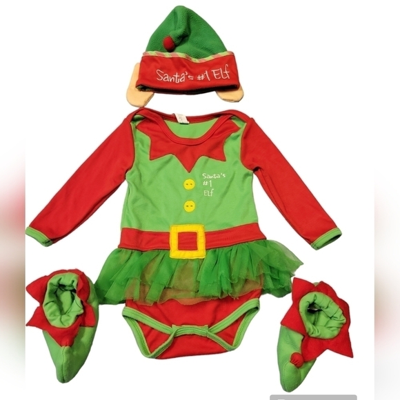 Costumes USA Christmas Elf outfit, onesie, red, green, yellow - Picture 1 of 10